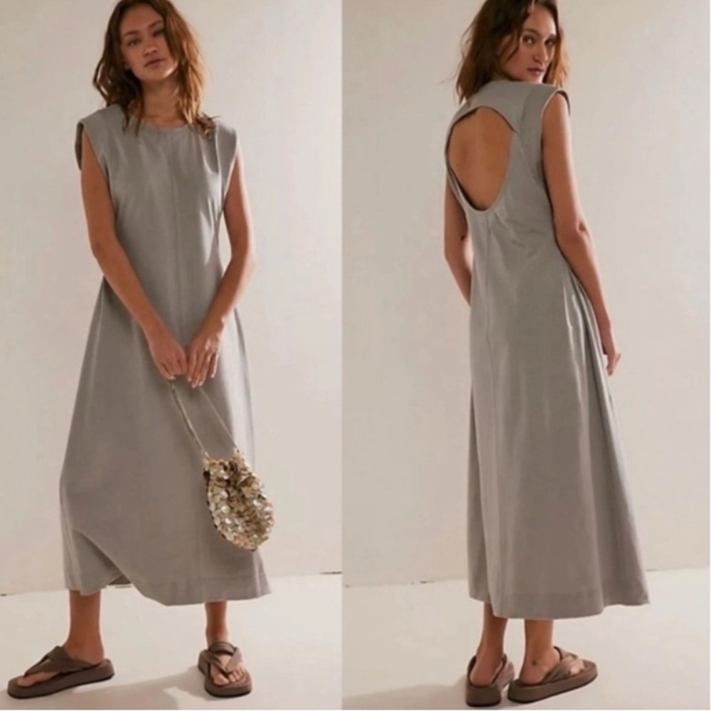NWT Free People Beach Simone Exposed Back Midi Dress in Frostbitten Grey Sz XS